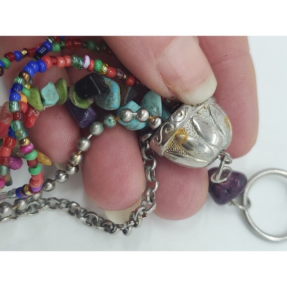 Women's Multi-Strand Necklace Beads & Stones Sliver Tone Adjustable Chain - Picture 6 of 12